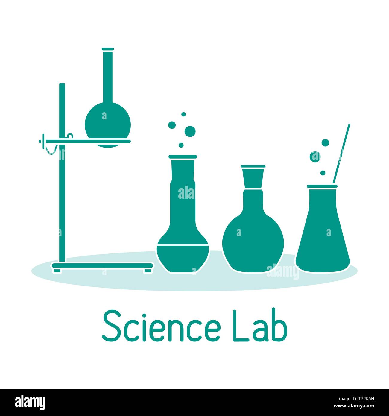 Vector science illustration with flasks, equipment stand. Laboratory