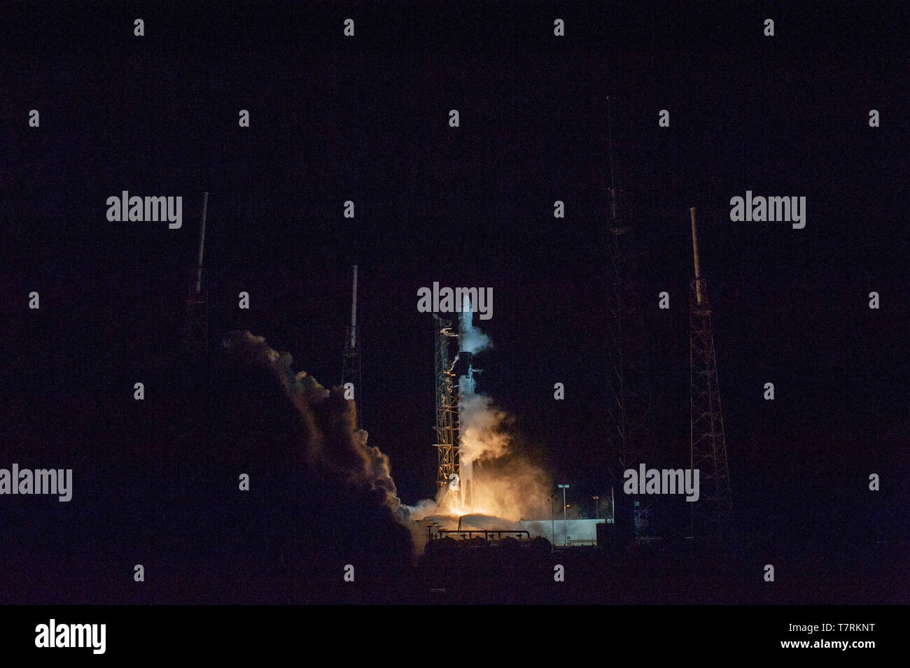 The SpaceX Falcon 9 rocket blasts off carrying the Dragon commercial cargo capsule on the CRS-17 mission to the International Space Station from the Kennedy Space Center May 4, 2019 in Cape Canaveral, Florida. The Dragon will deliver about 5,500 pounds of scientific instruments, crew supplies and hardware to the orbital laboratory and its crew. Stock Photo