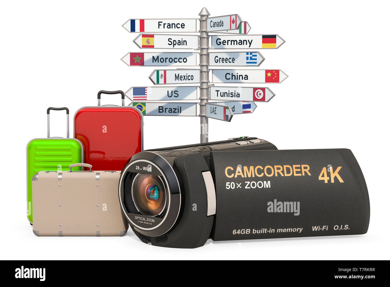 Travel concept with camcorder, 3D rendering isolated on white ...