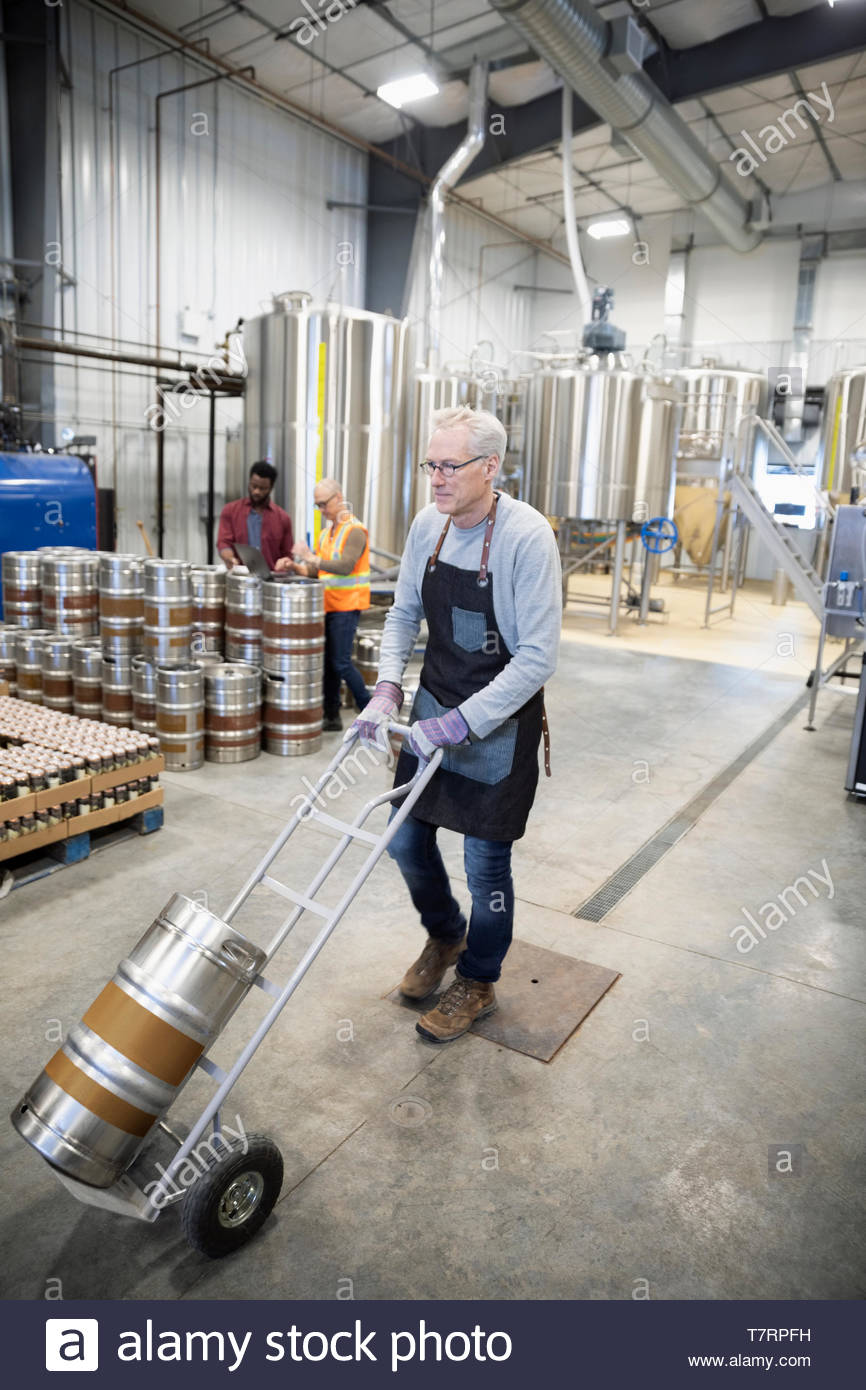 Brewer moving keg of beer with hand truck in distillery Stock Photo