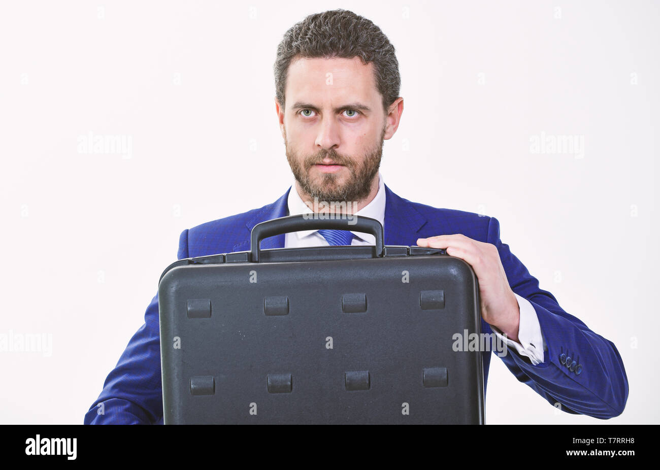 Man hold briefcase. Business profit. Commercial offer. Businessman