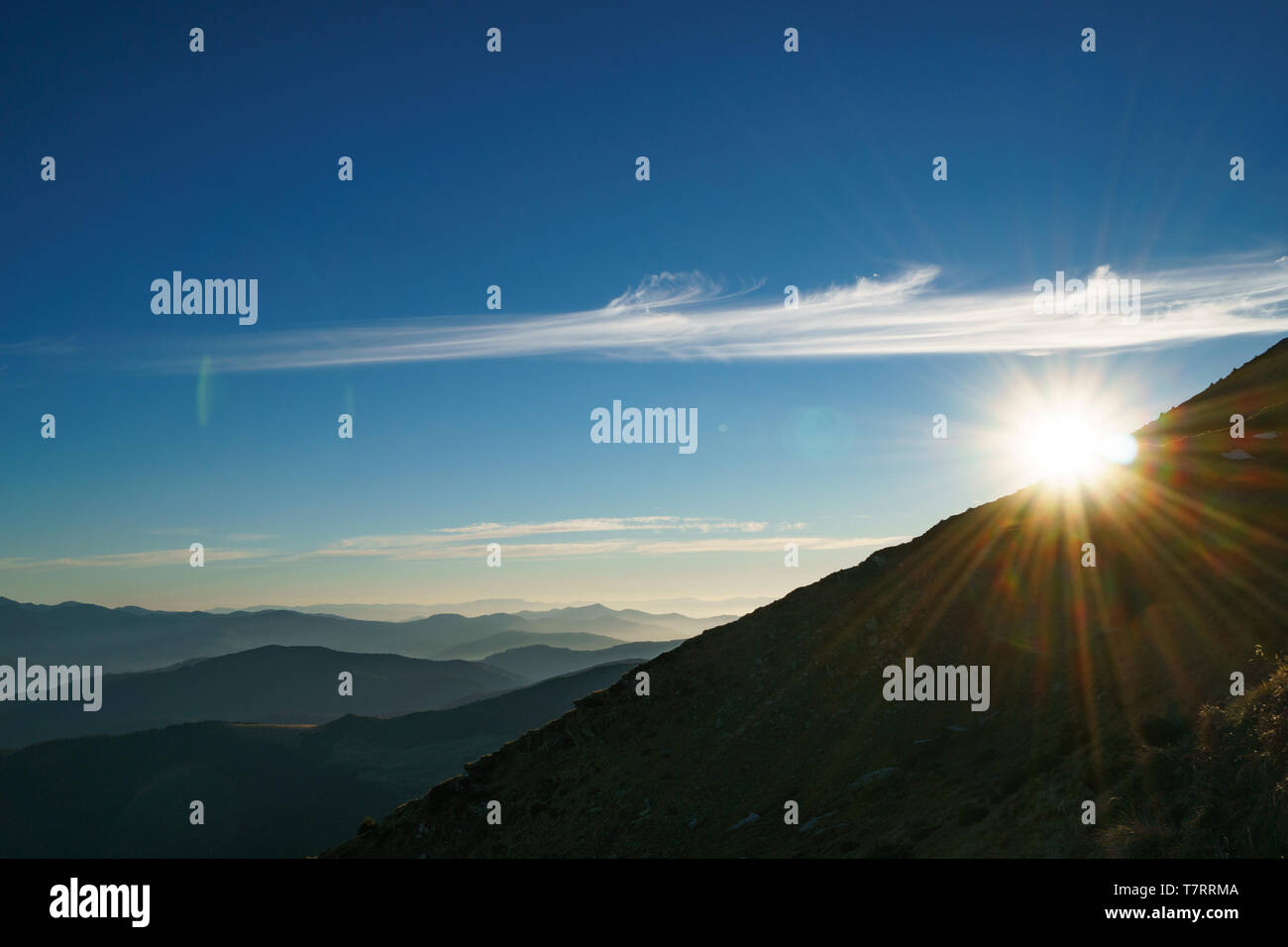 Sun above Ukrainian Carpathian Mountains, Chornohora, Carpathians Stock Photo