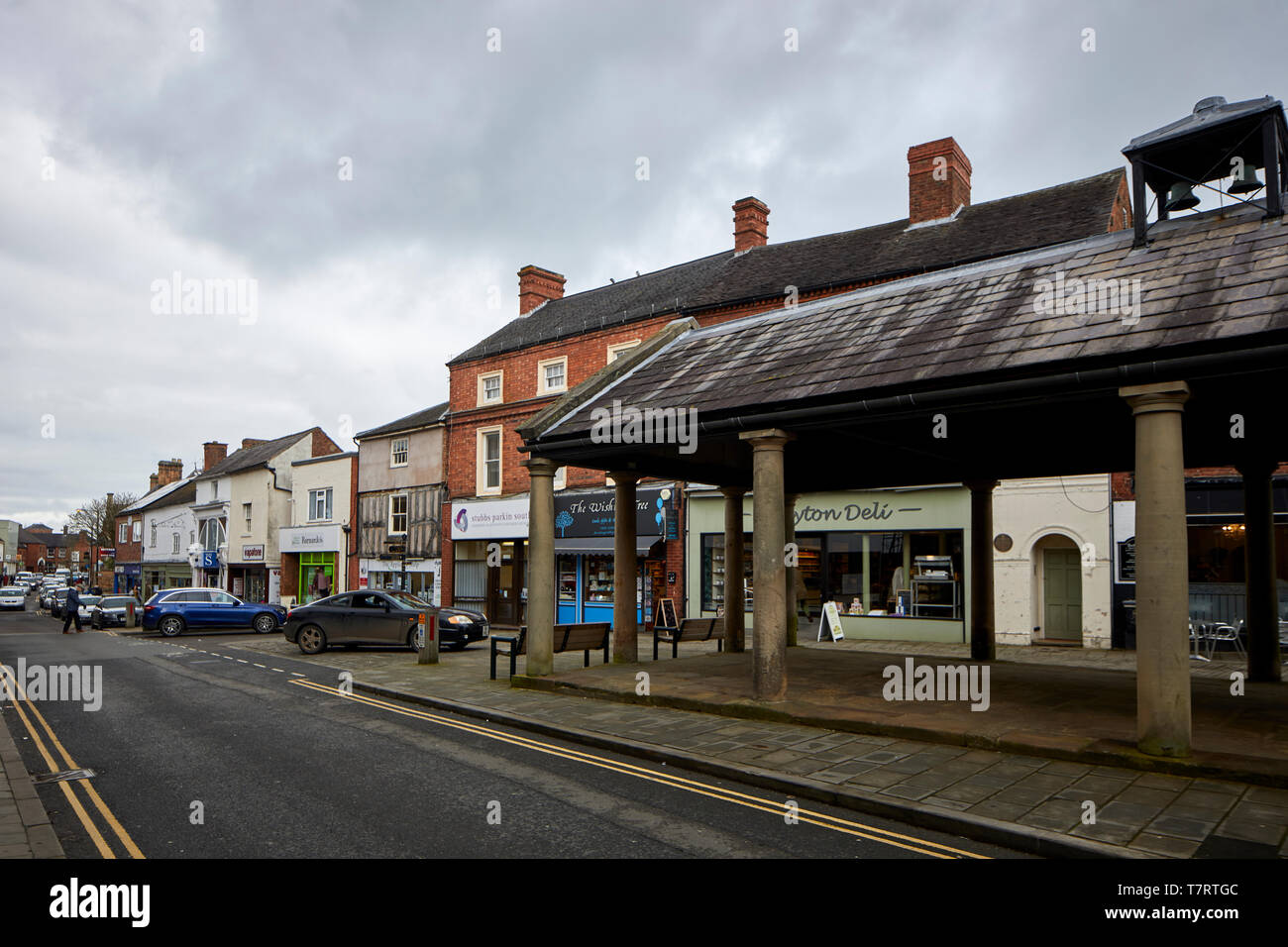 Market Drayton market town in north Shropshire, England. old covered Market area Stock Photo