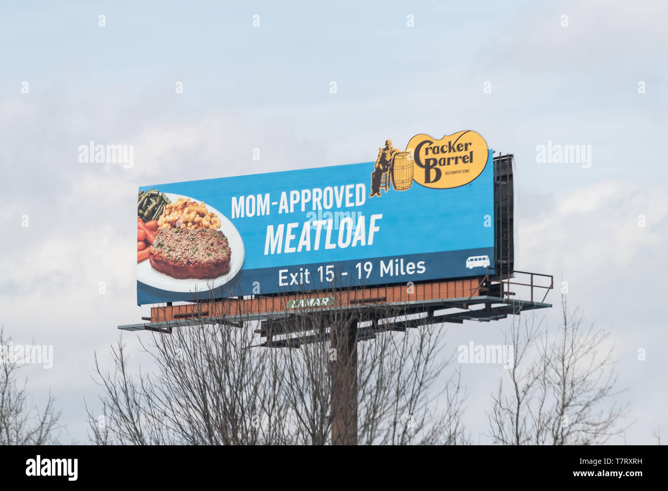 Bethlehem, USA - April 6, 2018: Highway 78 east in Pennsylvania with closeup of billboard sign for mom approved meatlof at Cracker Barrel Stock Photo