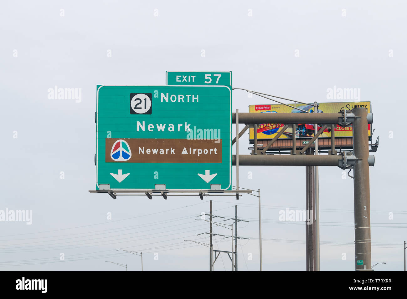 Newark, USA - April 6, 2018: Exit sign on highway 78 east in New Jersey for Airport closeup Stock Photo