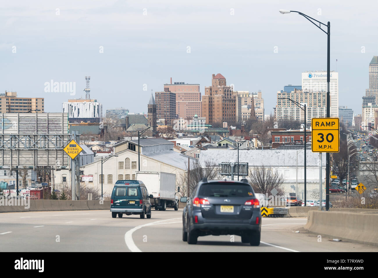 Newark, USA - April 6, 2018: Cityscape of downtown city and road ...