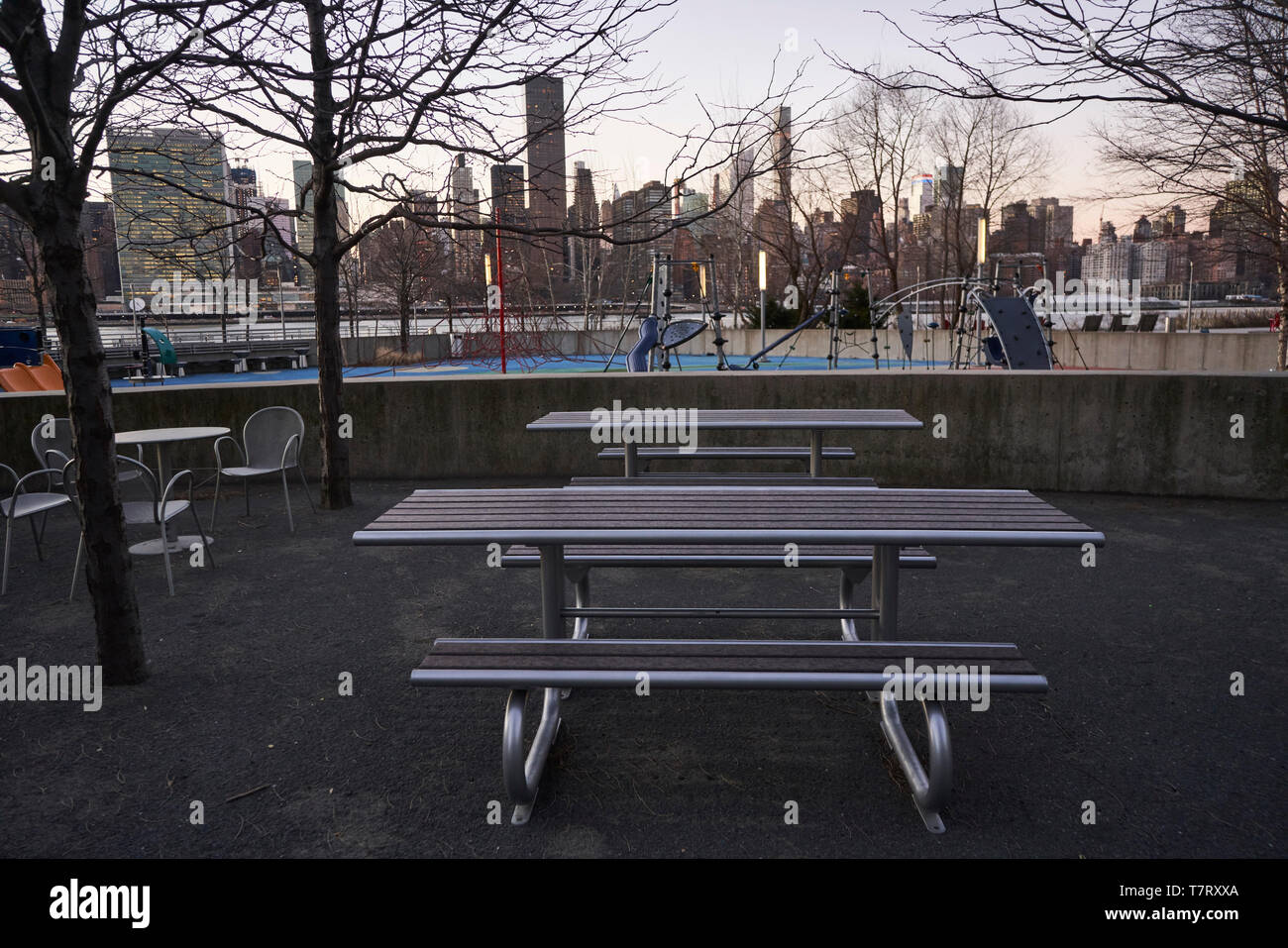 picnic tables at the Gantry Plaza State Park in Long Island City