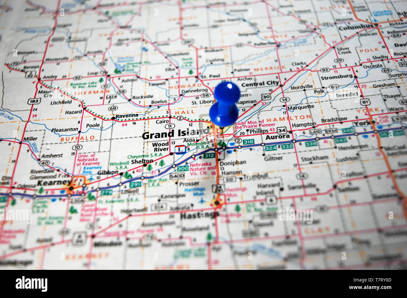 A map of Grand Island, Nebraska marked with a push pin Stock Photo Alamy
