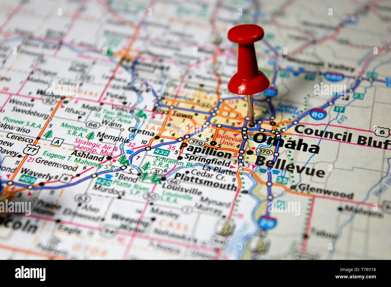 A map of Omaha, Nebraska marked with a push pin Stock Photo Alamy