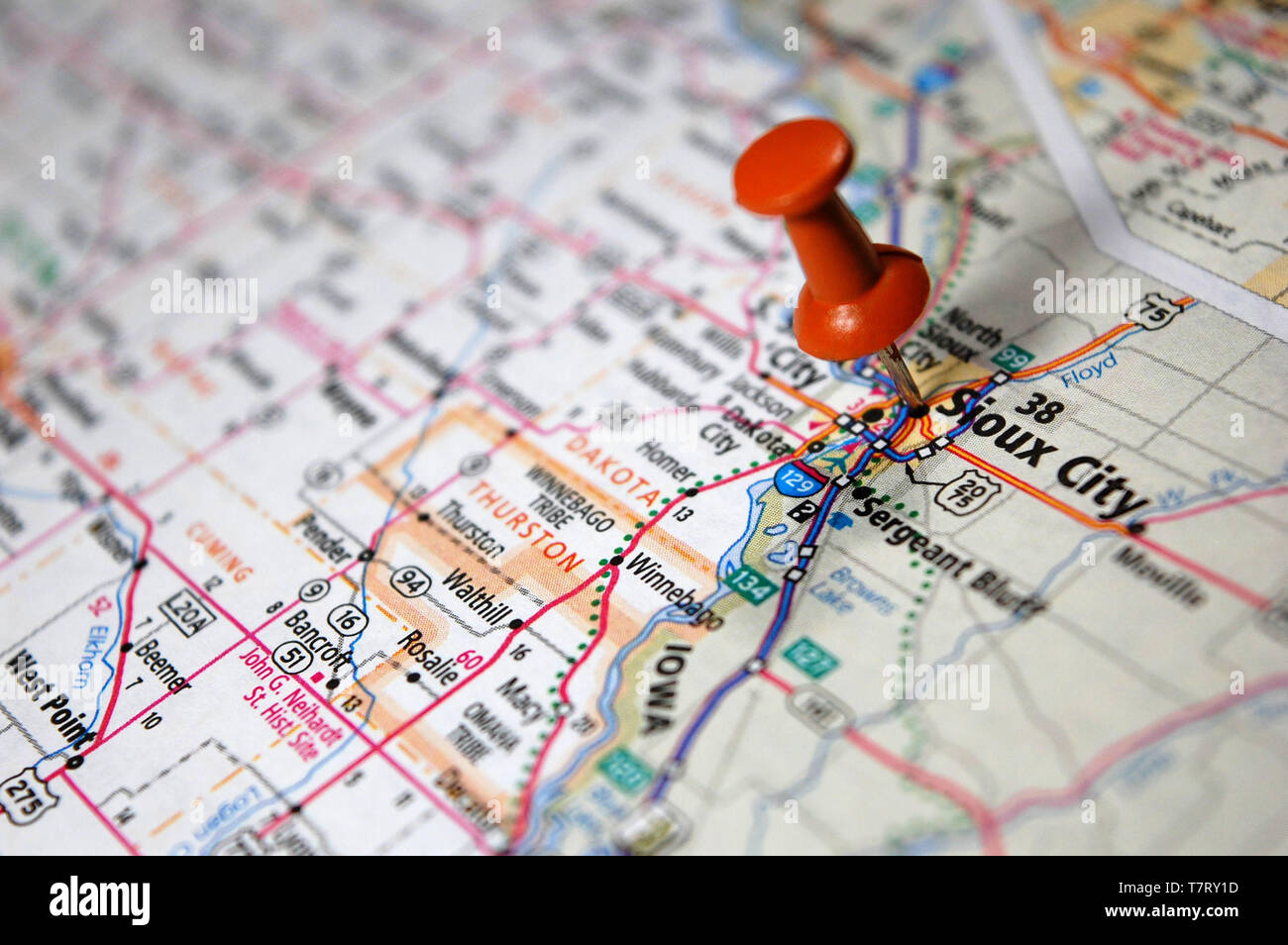 A map of Sioux City, Nebraska marked with a push pin. Stock Photo