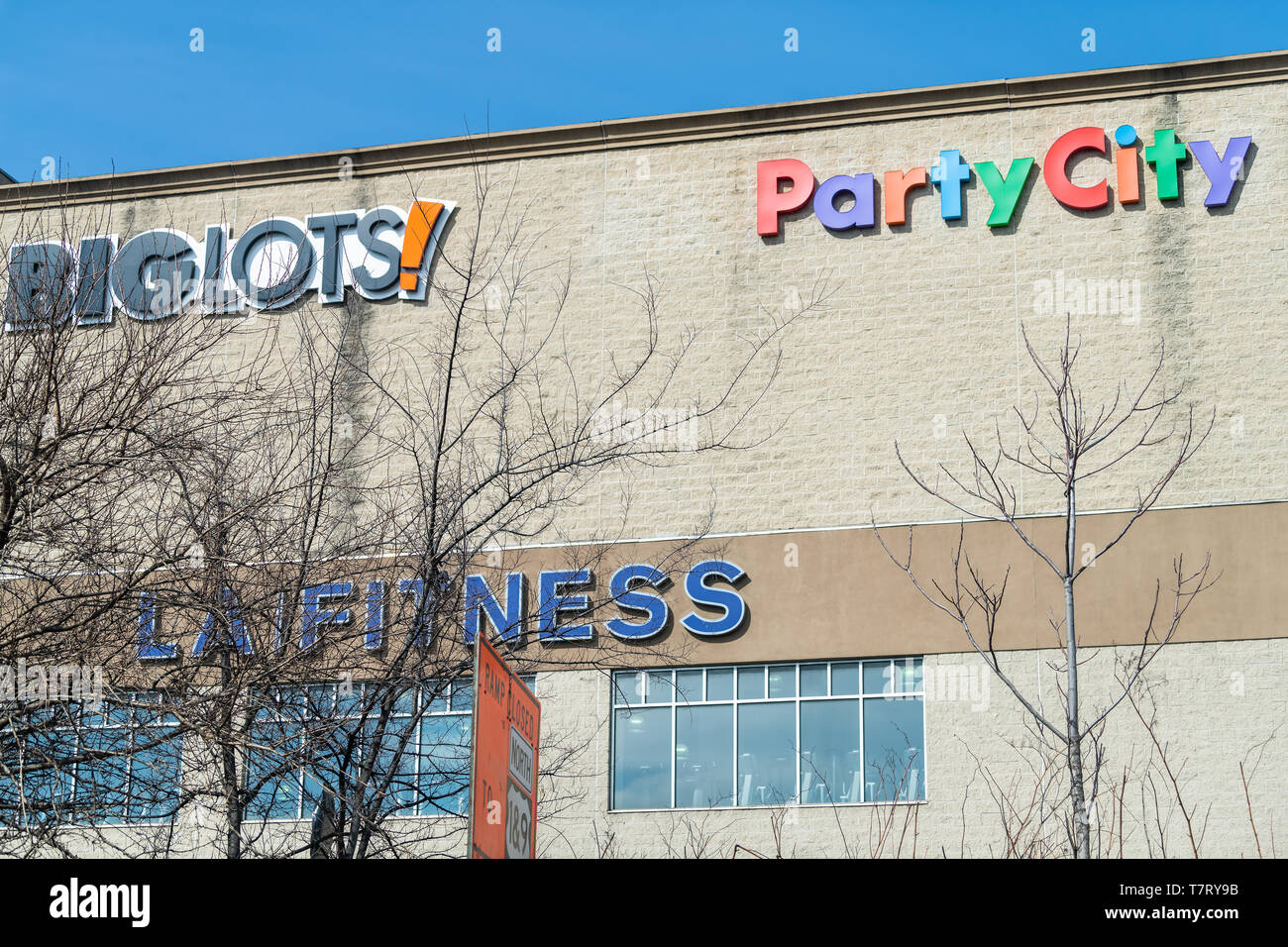 Weehawken, USA - April 6, 2018: City in New Jersey with Big Lots and Party city stores in shopping mall Stock Photo