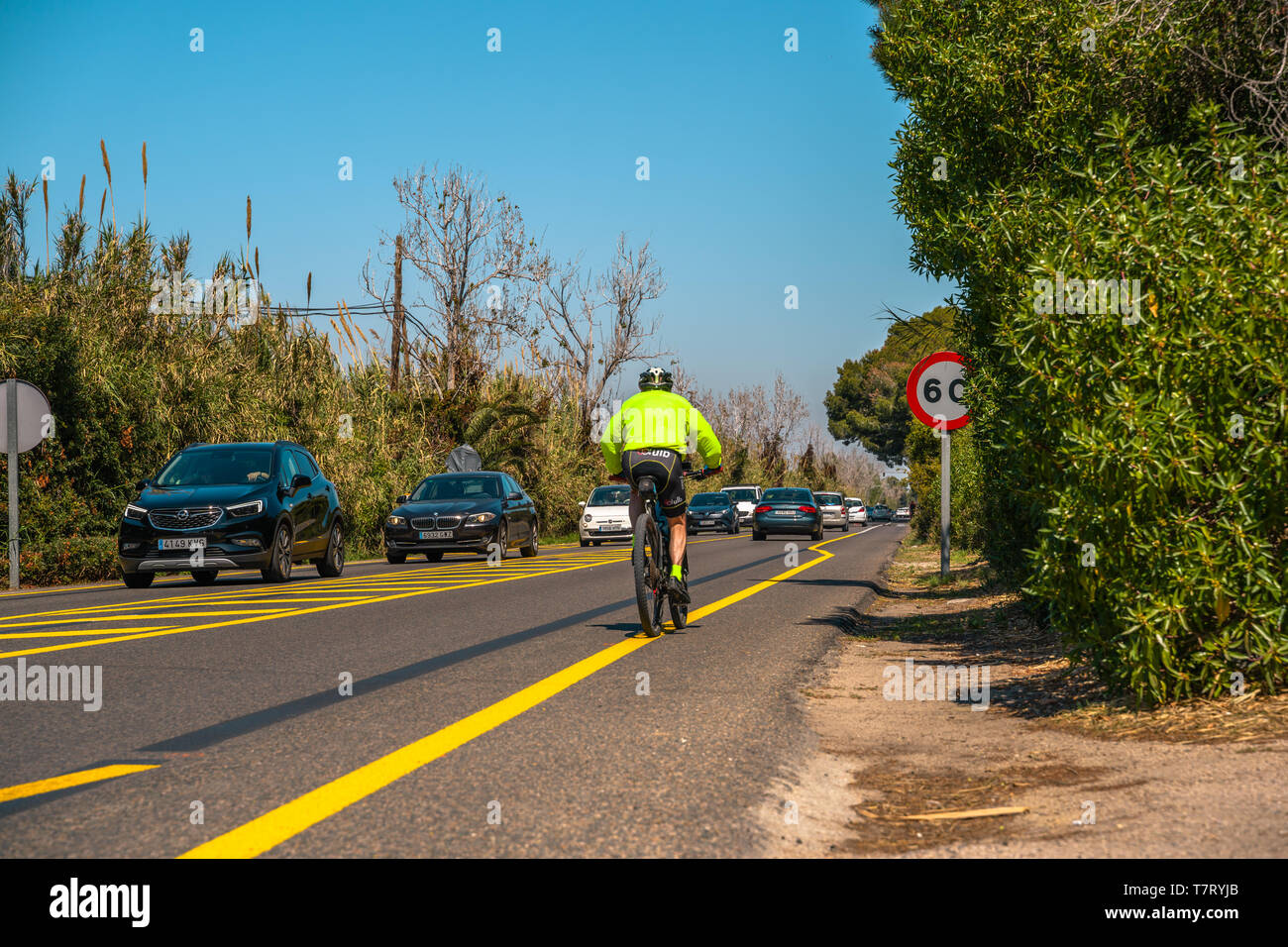 Valencia, Spain; April 13, 2019 Cyclists on the road and speed