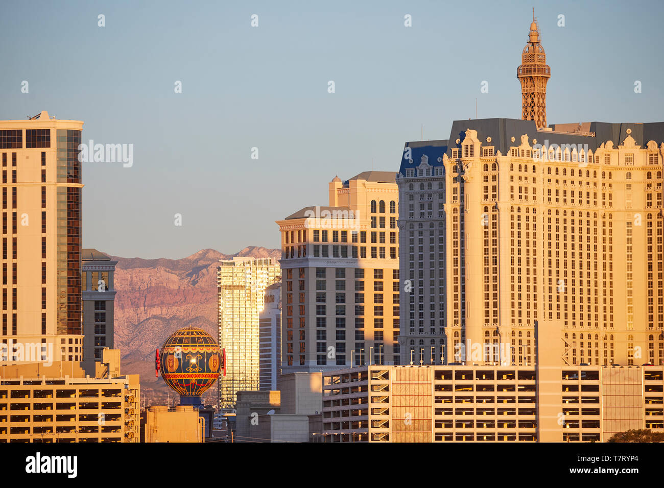 Las Vegas, paradise,  Nevada USA, skyline of the strip, Aerostat Reveillon Hot Air Balloon Paris Stock Photo