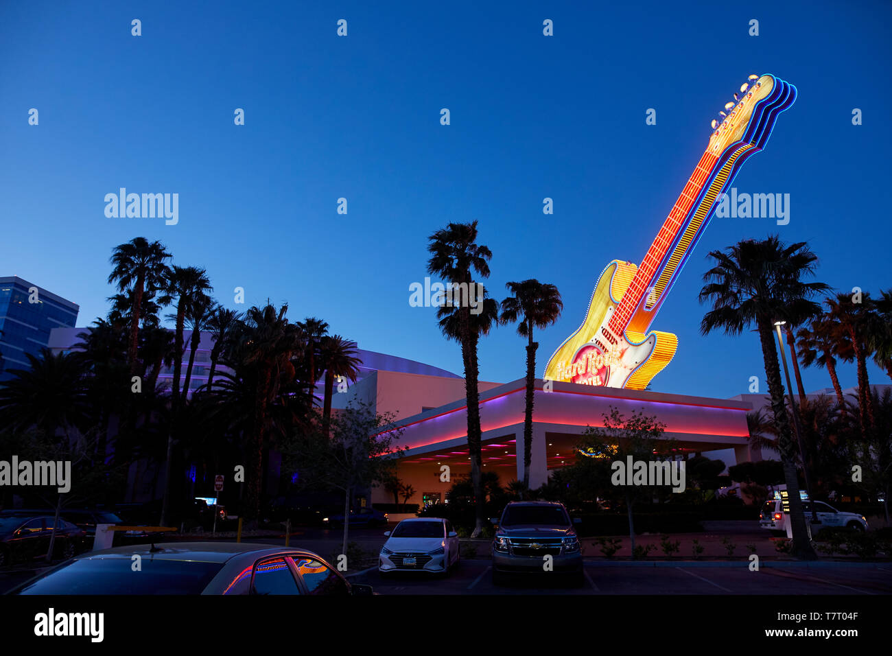 Las Vegas, Paradise, Nevada USA, hard Rock Hotel large neon guitar not he roof at night Stock Photo