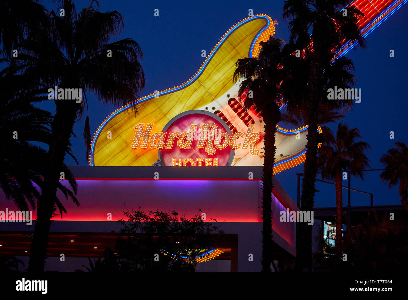 Las Vegas, Paradise, Nevada USA, hard Rock Hotel large neon guitar not he roof at night Stock Photo