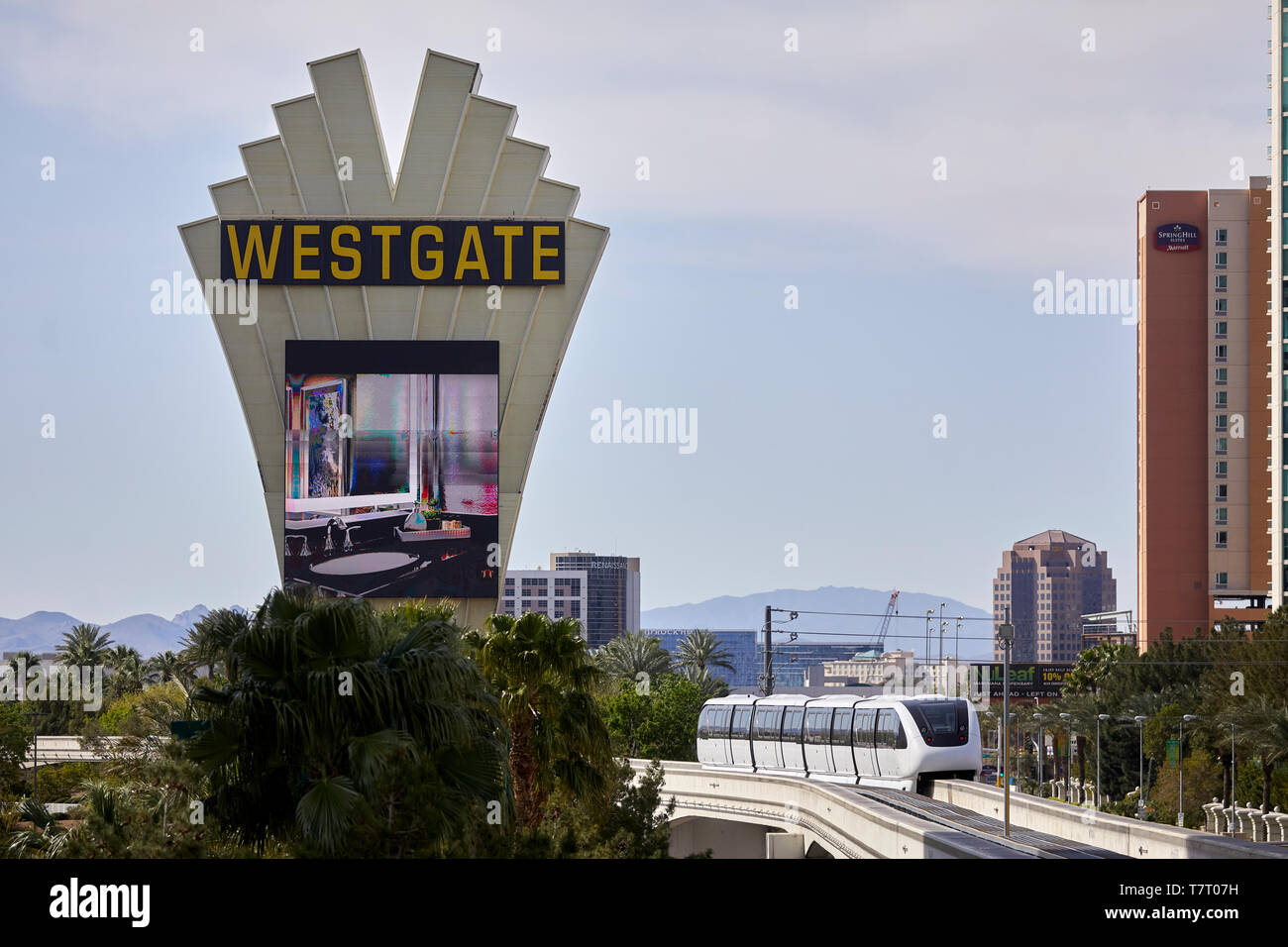 Las Vegas, Paradise, Nevada USA, Driverless straddle beam Innovia Monorail at Westgate  Stock Photo