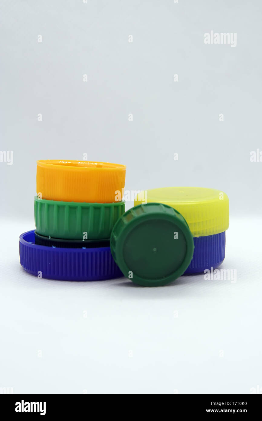 Plastic bottle plug. Plastic bottle cap. Various colors plastic cap. Stock Photo
