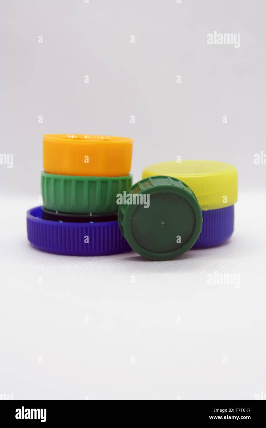 Plastic bottle plug. Plastic bottle cap. Various colors plastic cap. Stock Photo