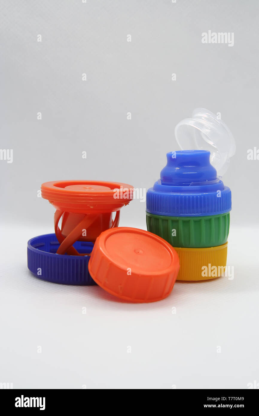 Plastic bottle plug. Plastic bottle cap. Various colors plastic cap. Stock Photo
