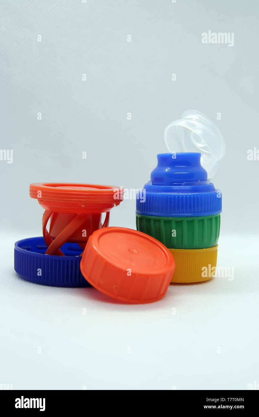 Plastic bottle plug. Plastic bottle cap. Various colors plastic cap. Stock Photo