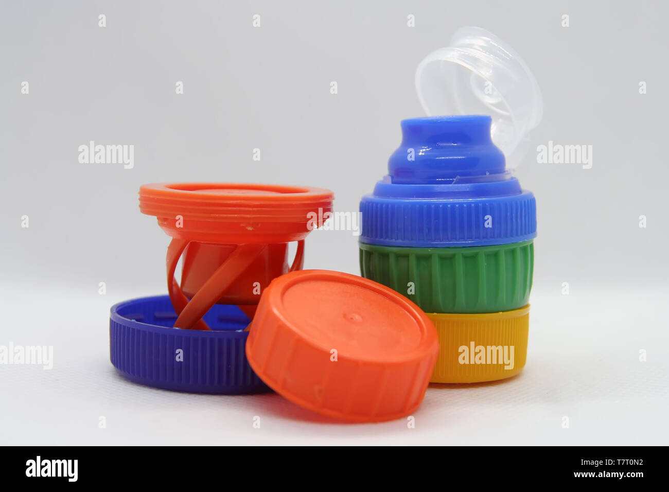 Plastic bottle plug. Plastic bottle cap. Various colors plastic cap. Stock Photo