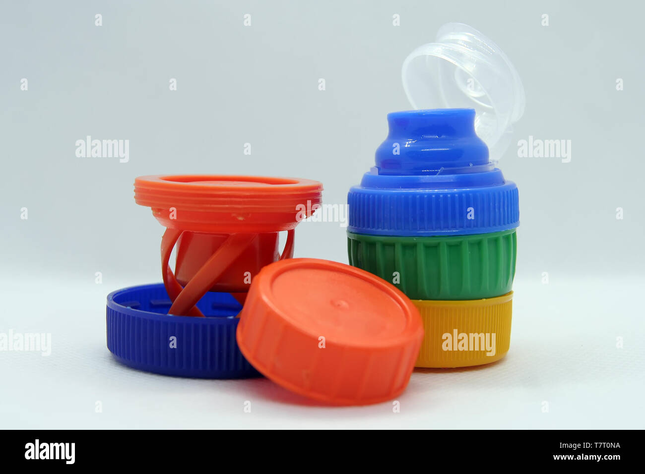 Plastic bottle plug. Plastic bottle cap. Various colors plastic cap. Stock Photo