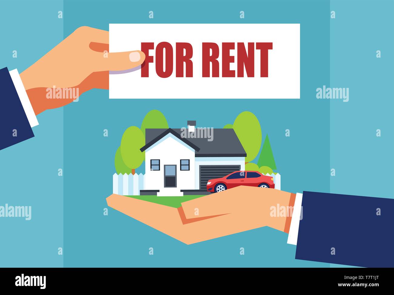 Vector of a real estate agent offering house and car for rent Stock Vector