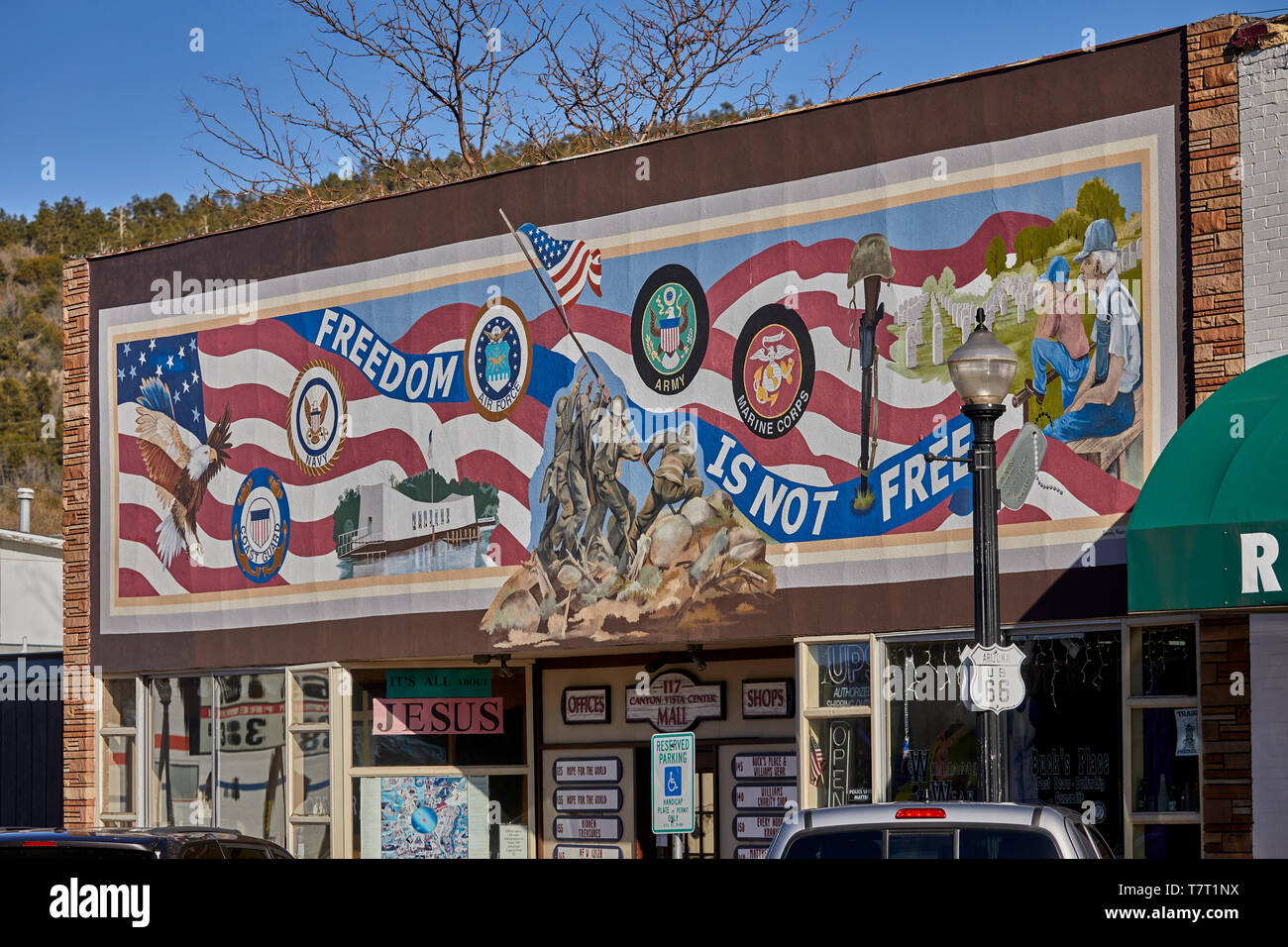 Historic Route 66 city Williams,  'Freedom isn't free', 'freedom is not free', 'freedom's not free', or 'freedom ain't free' express gratitude to the  Stock Photo