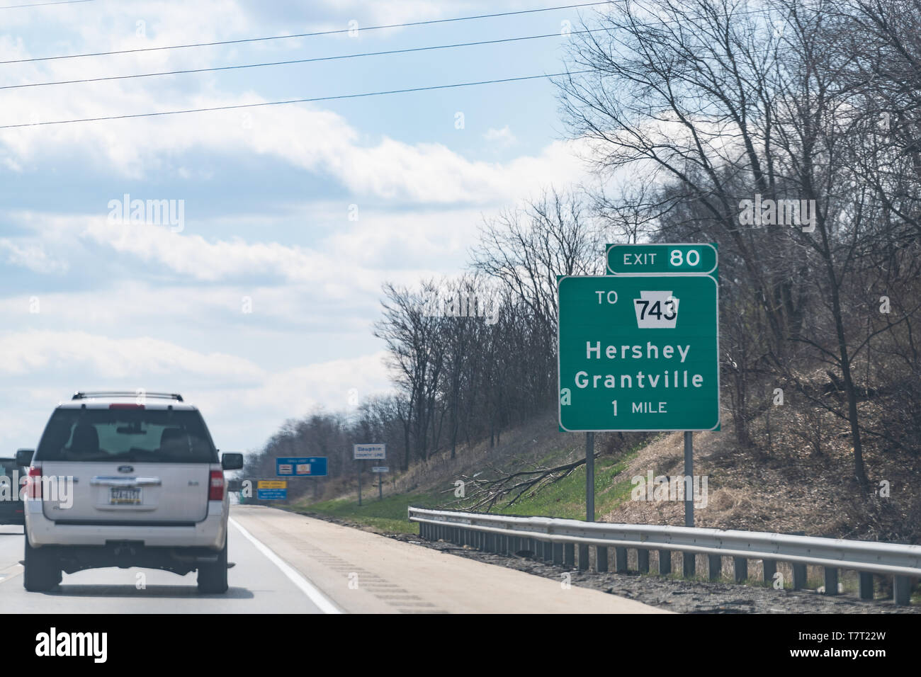 East Hanover Township, USA April 8, 2018 Green road sign to Hershey