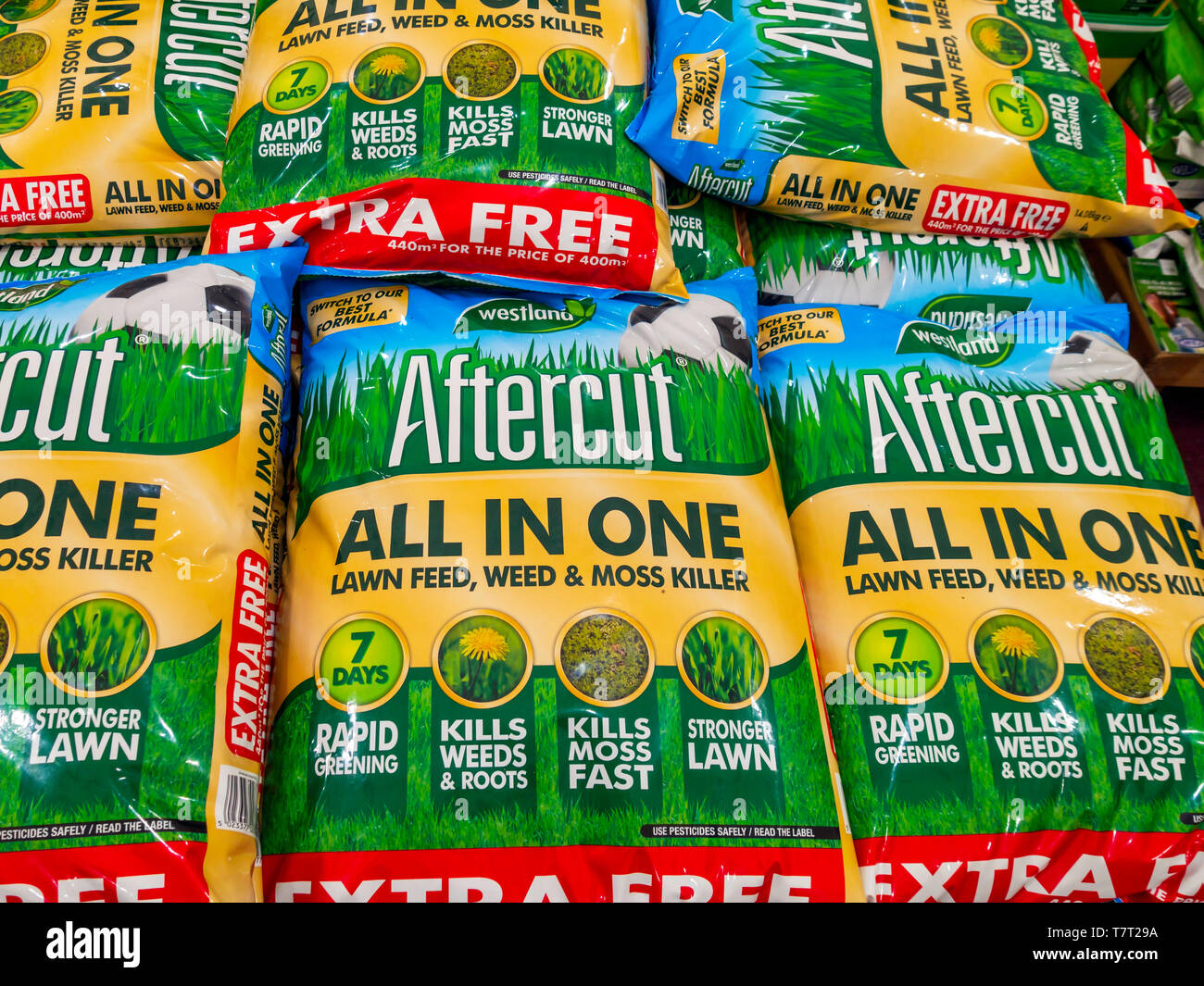 A stack of bags of Aftercut lawn feed weed and moss killer for sale in