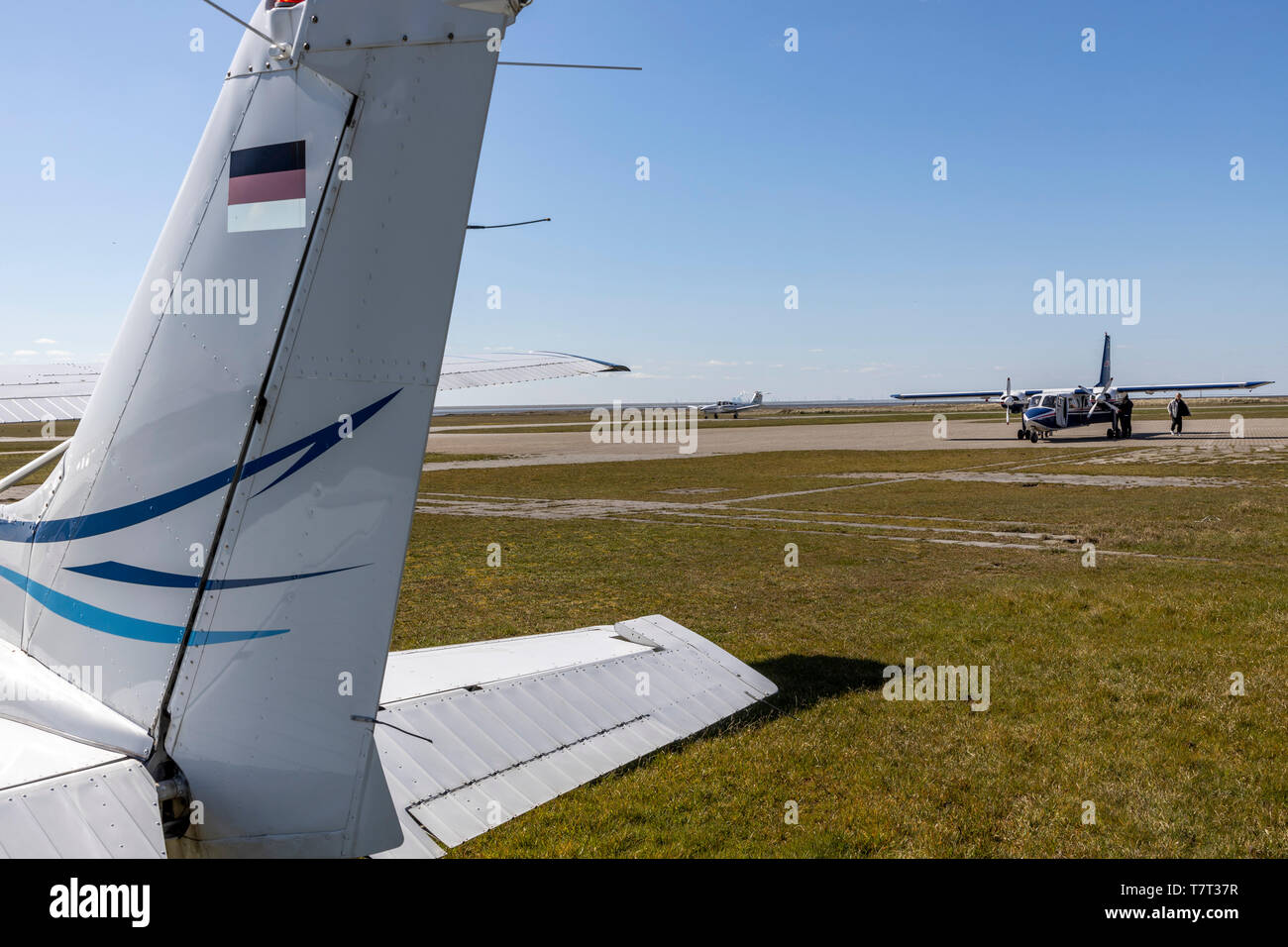North Sea island of Juist, East Frisia, airfield Juist, small airfield, shuttle plane from the mainland, private planes Lower Saxony, Germany, Stock Photo