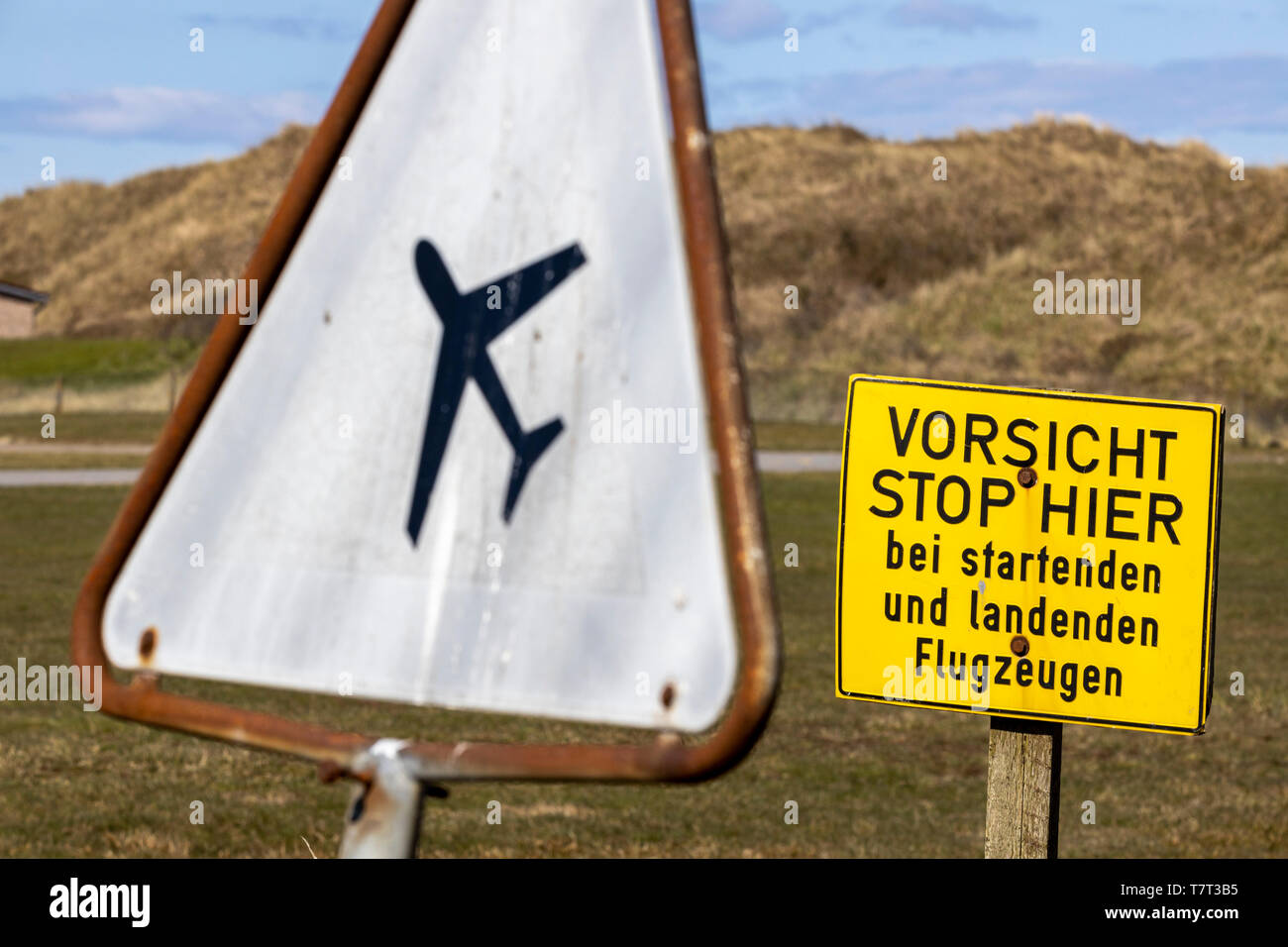 North Sea island of Juist, East Frisia, airfield Juist, small airfield, shuttle plane from the mainland, private planes Lower Saxony, Germany, Stock Photo