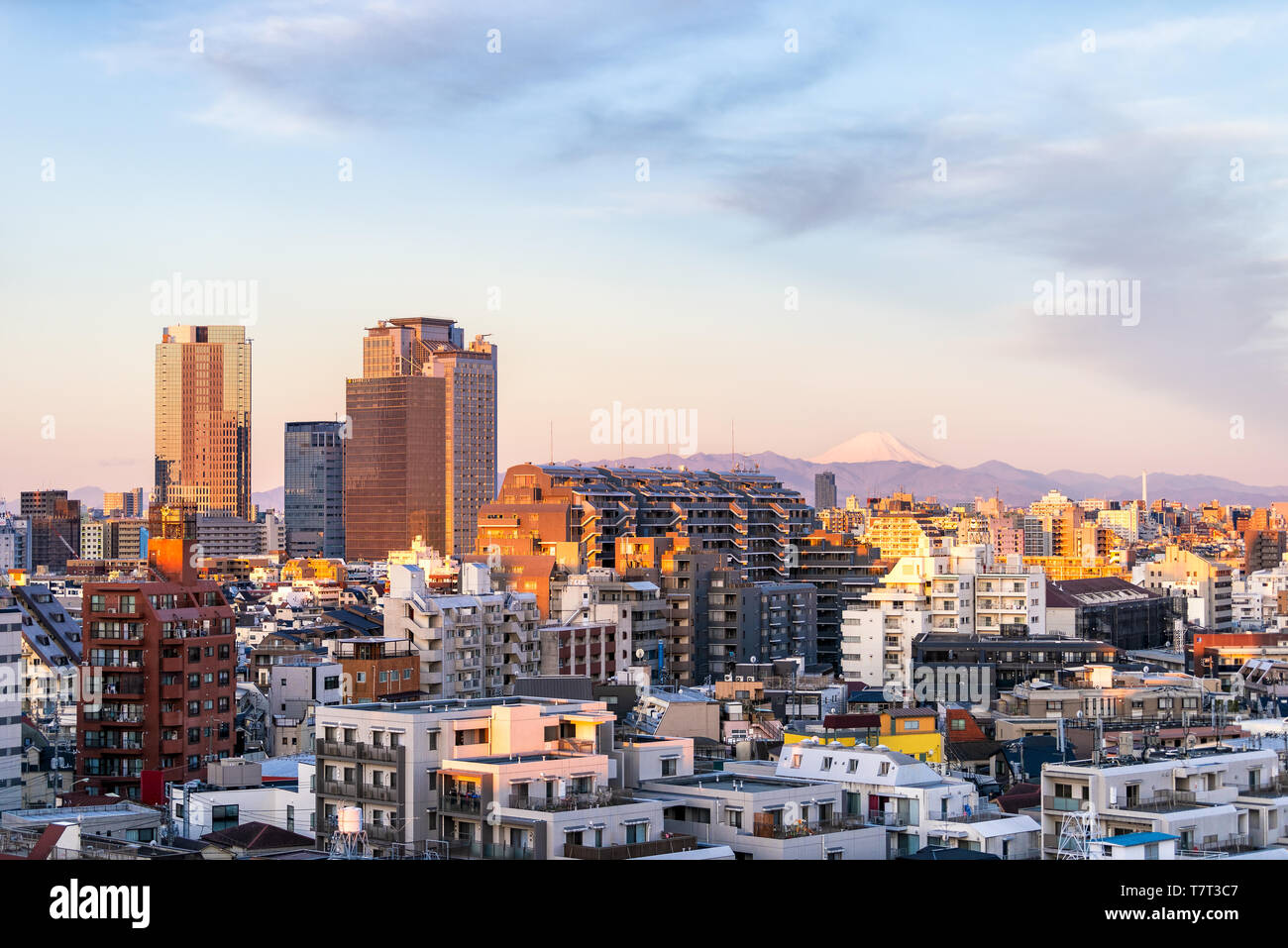 Tokyo, Japan - March 31, 2019: Shinjuku cityscape at sunset with view of Mount Fuji and golden sunlight with apartment buildings and mountains Stock Photo