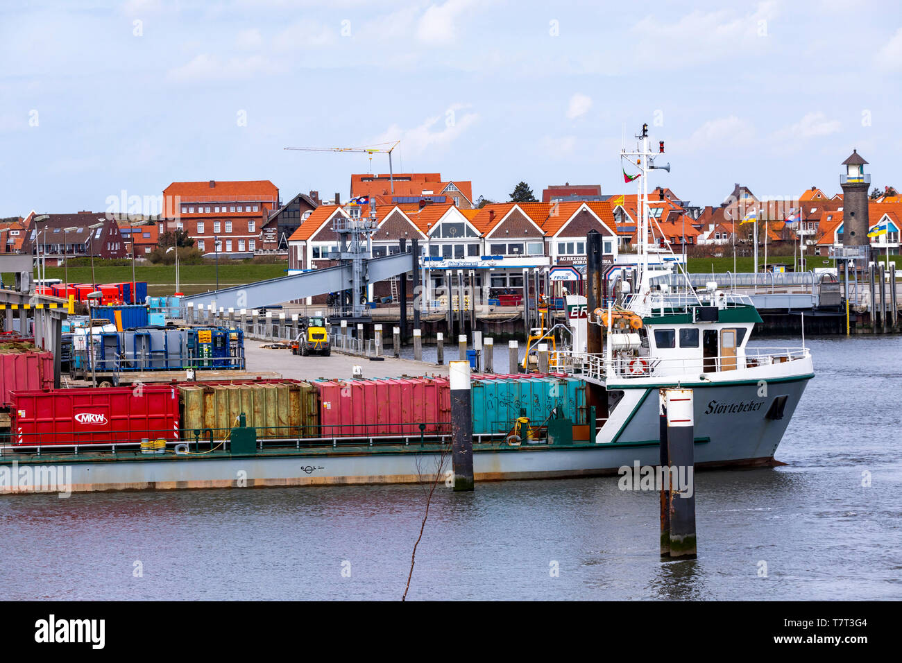 Nordseeinsel Juist, harbor, ferry port, freight handling, container loading, East Frisia, Lower Saxony, Germany, Stock Photo