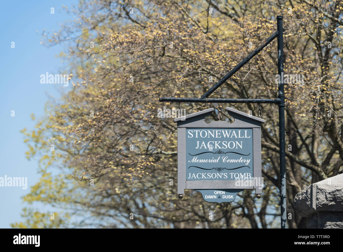 Lexington, USA - April 18, 2018: Stonewall Jackson Memorial Cemetery sign for gravesite and tomb of confederate general in Virginia Stock Photo