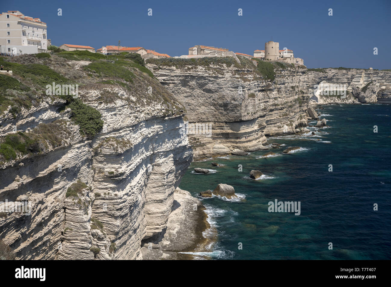 Cliffs near Bonifacio in Corsica. Klippen nahe Bonifacio auf Korsika. Klify w pobliżu Bonifacio na Korsyce. Stock Photo