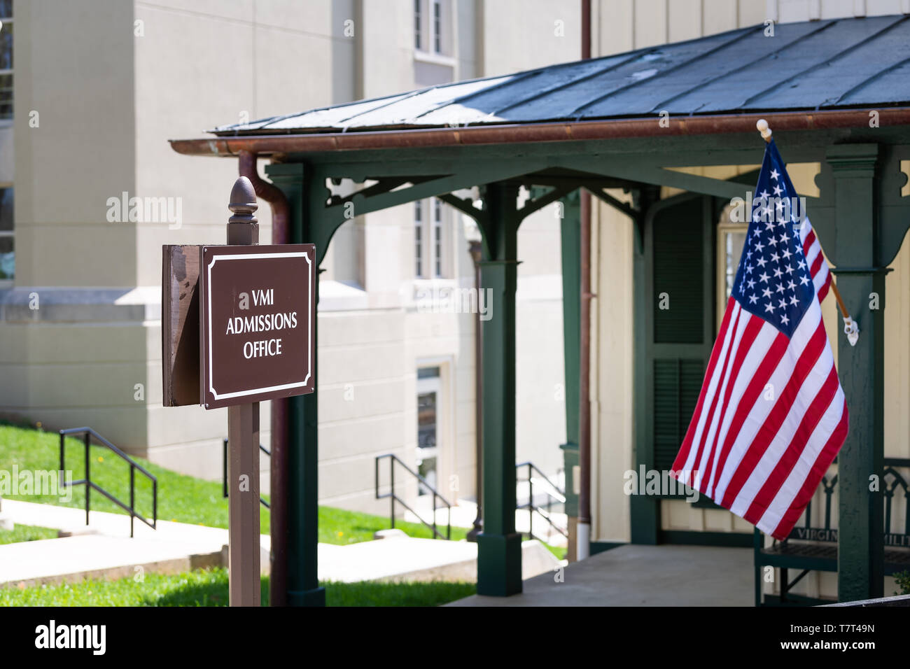 Lexington, USA - April 18, 2018: VMI Virginia Military Institute admissions office building with sign in Virginia university campus with nobody and Am Stock Photo