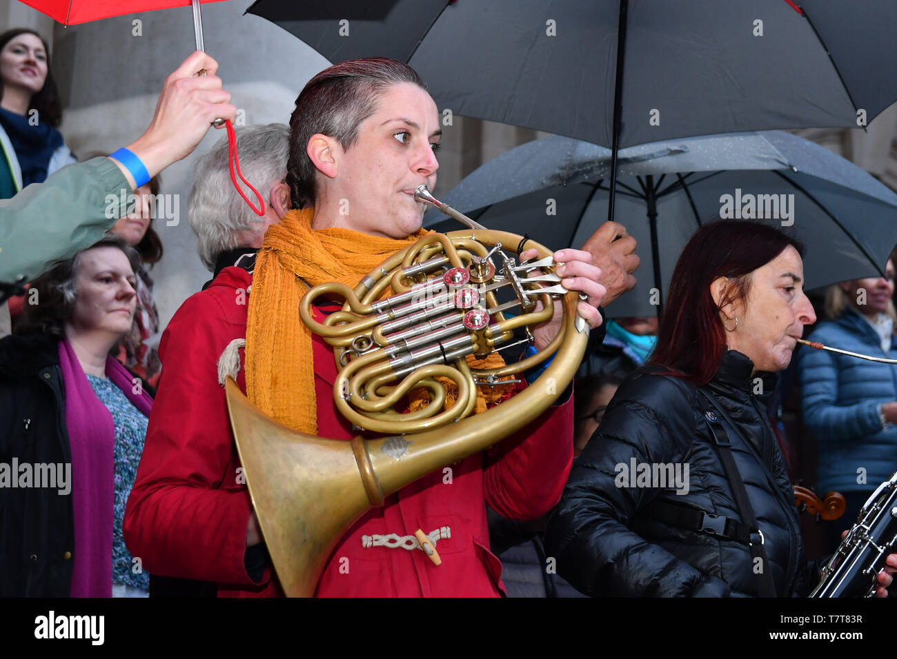 London, UK. 8th May, 2018. Dash Arts host an anti-Brexit European Flash Mob playing Beethoven's 9th Symphony (Ode to Joy) at Parliament Yard, Westminster Abbey and St John Smith Square ahead of the European Paliament Election on 8 May 2019, London, UK. Credit: Picture Capital/Alamy Live News Stock Photo