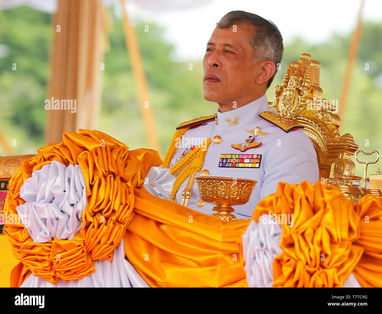 Thailand's King Maha Vajiralongkorn Bodindradebayavarangkun (Rama X)  watches the annual Royal Ploughing Ceremony in Sanam Luang. The annual  royal ploughing ceremony is an ancient rite which officially marks the  beginning of the