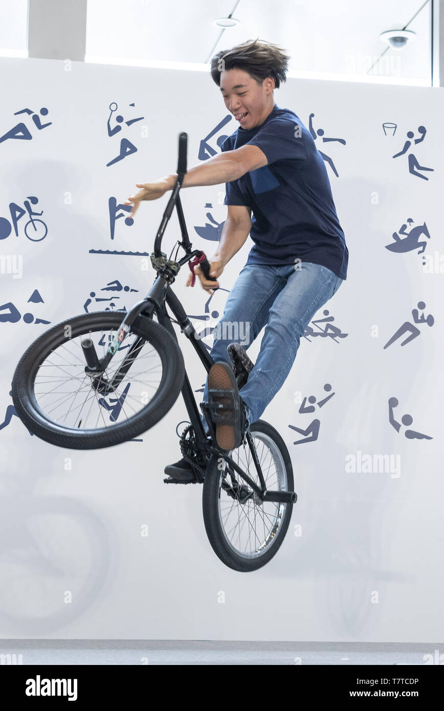 Tokyo, Japan. 9th May, 2019. Rimu Nakamura BMX rider and 2nd place in 2019  UCI BMX Freestyle Park World Cup Final, performs during a media event to  mark the opening of the