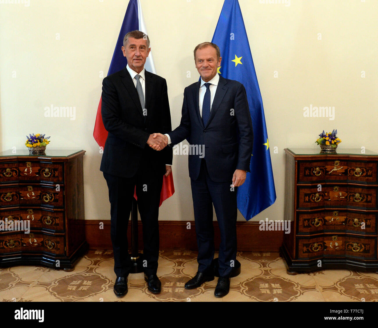 Prague, Czech Republic. 08th May, 2019. Czech Prime Minister Andrej Babis (ANO), left, considers the strengthening of the member states' influence on the use of the EU subsidies the most important, he said after his meeting with European Council President Donald Tusk in Prague, Czech Republic, May 8, 2019. Credit: Katerina Sulova/CTK Photo/Alamy Live News Stock Photo
