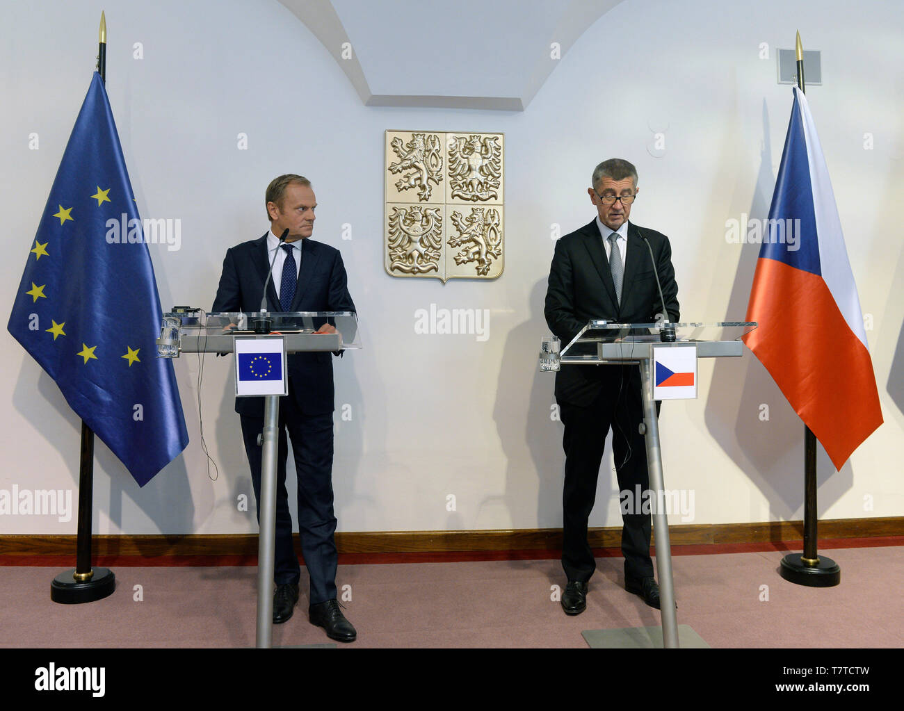 Prague, Czech Republic. 08th May, 2019. Czech Prime Minister Andrej Babis (ANO), right, considers the strengthening of the member states' influence on the use of the EU subsidies the most important, he said after his meeting with European Council President Donald Tusk in Prague, Czech Republic, May 8, 2019. Credit: Katerina Sulova/CTK Photo/Alamy Live News Stock Photo
