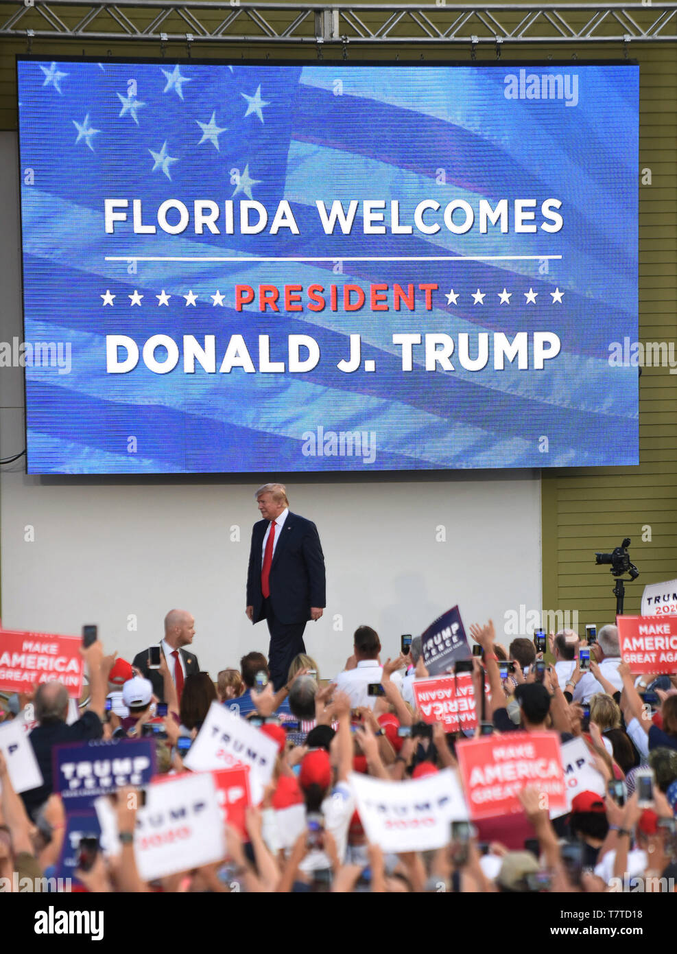 Florida, USA. 08th May, 2019. U.S. President Donald Trump arrives on stage to speak to supporters at a Make America Great Again rally at the Aaron Bessant Park  Amphitheater on May 8, 2019 in Panama City Beach, Florida. Credit: Paul Hennessy/Alamy Live News Stock Photo