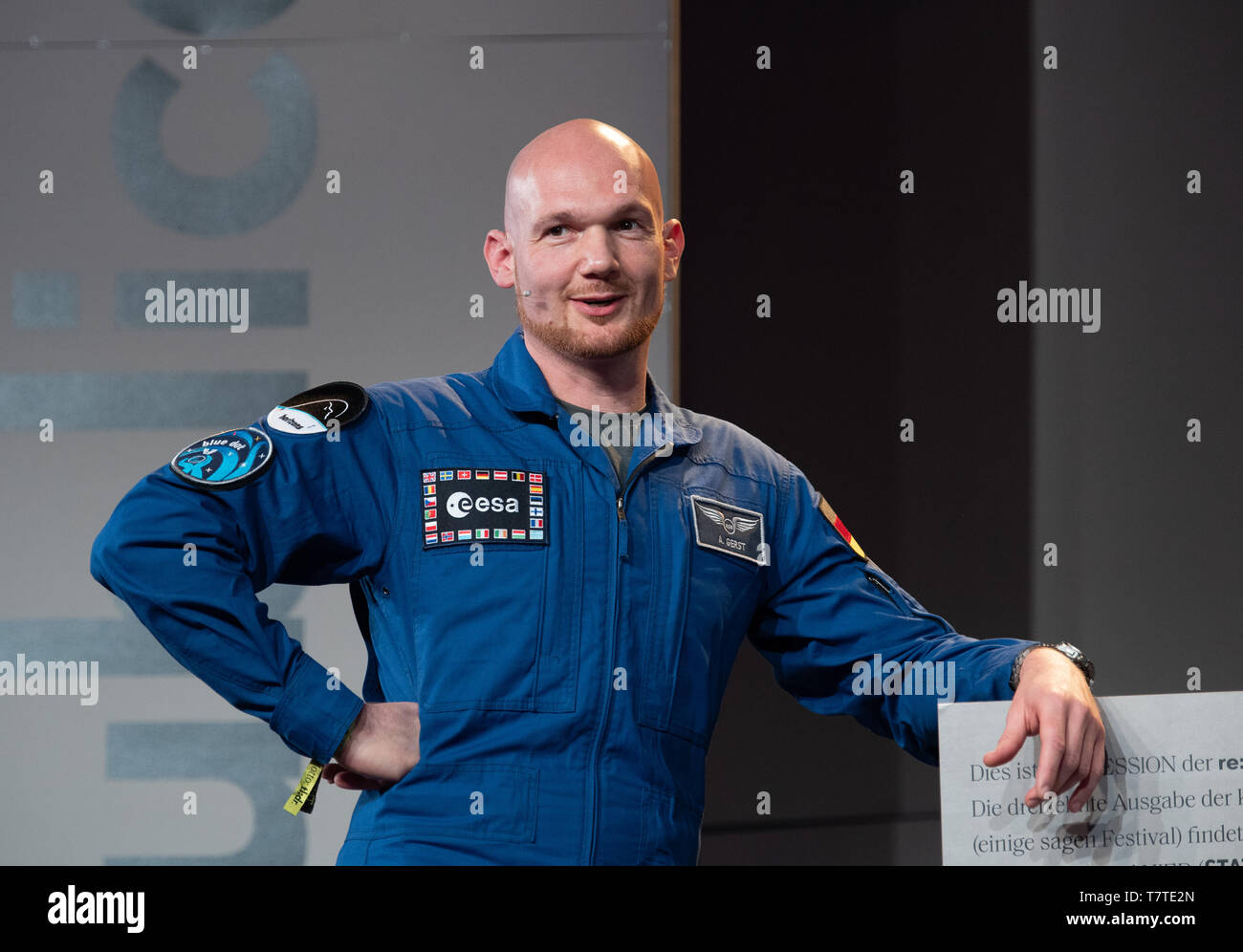 Berlin, Germany. 08th May, 2019. Alexander Gerst, astronaut and geophysicist, is on stage during the digital conference 're:publica'. Credit: Soeren Stache/dpa/Alamy Live News Stock Photo