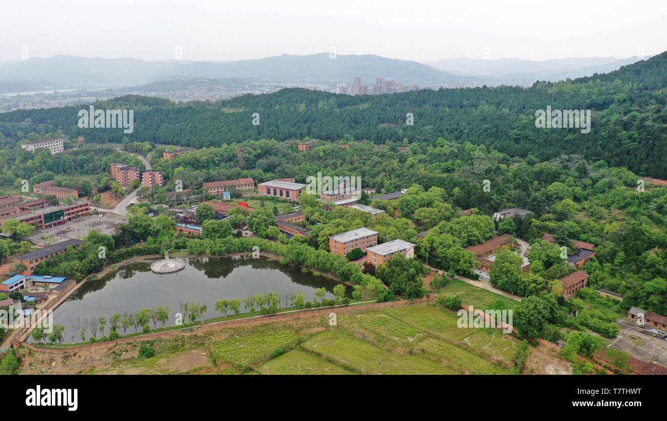 (190509) -- CHENGDU, May 9, 2019 (Xinhua) -- Aerial photo taken on April 23, 2019 shows a panoramic view of the Liangdancheng, meaning the city of nuclear bombs, the site where China's first atomic and hydrogen bombs were designed, in Zitong County of Mianyang, southwest China's Sichuan Province. Zitong was home to the research headquarters of China's nuclear weapons program, where a dozen of world-class scientists worked for over a decade on China's first atomic and hydrogen bombs and satellite launches in the 1960s and 1970s. (Xinhua/Wang Xi) Stock Photo