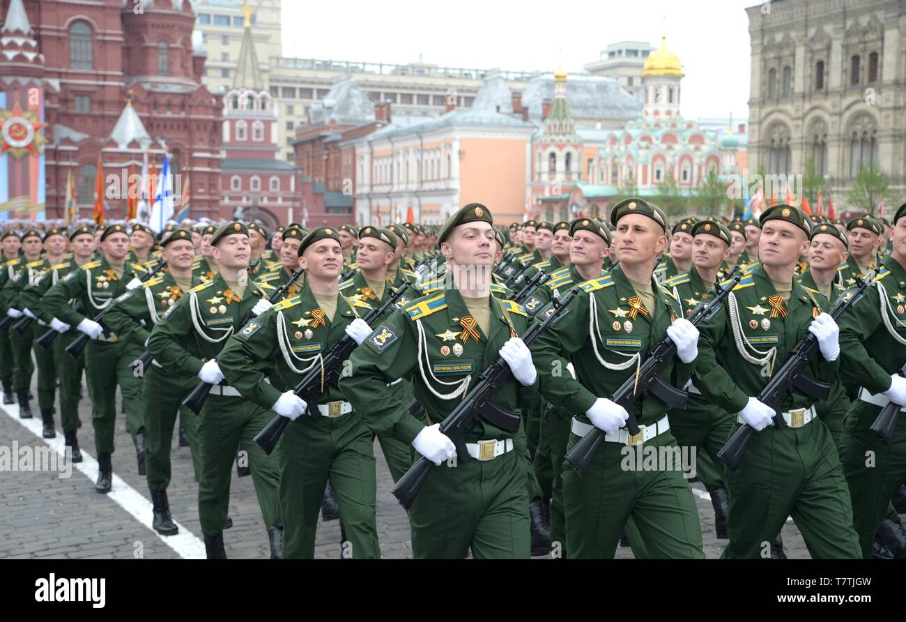 Moscow, Russia. 09th May, 2019. Russian soldiers march during the annual Victory Day military parade marking the 74th anniversary of the end of World War II in Red Square May 9, 2019 in Moscow, Russia. Russia celebrates the annual event known as the Victory in the Great Patriotic War with parades and a national address by President Vladimir Putin. Credit: Planetpix/Alamy Live News Stock Photo
