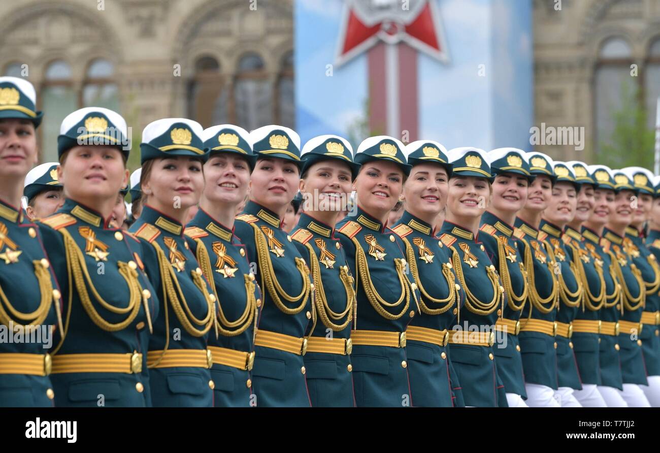 Moscow, Russia. 09th May, 2019. Russian female soldiers march during the annual Victory Day military parade marking the 74th anniversary of the end of World War II in Red Square May 9, 2019 in Moscow, Russia. Russia celebrates the annual event known as the Victory in the Great Patriotic War with parades and a national address by President Vladimir Putin. Credit: Planetpix/Alamy Live News Stock Photo