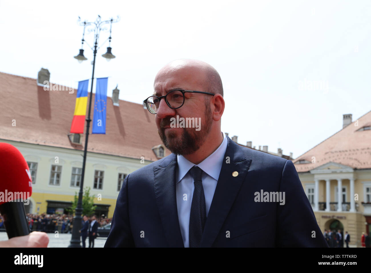 Sibiu, Romania. 9th May, 2019. Belgian Prime Minister Charles Michel arrives in the Grand Square in front of the Sibiu City Hall to attend the European Union (EU) informal summit in Sibiu, Romania, May 9, 2019. The leaders of the EU member states on Thursday agreed on defending 'one Europe' and upholding the rules-based international order in their '10 commitments' declaration, made at an informal summit in Sibiu. Credit: Chen Jin/Xinhua/Alamy Live News Stock Photo