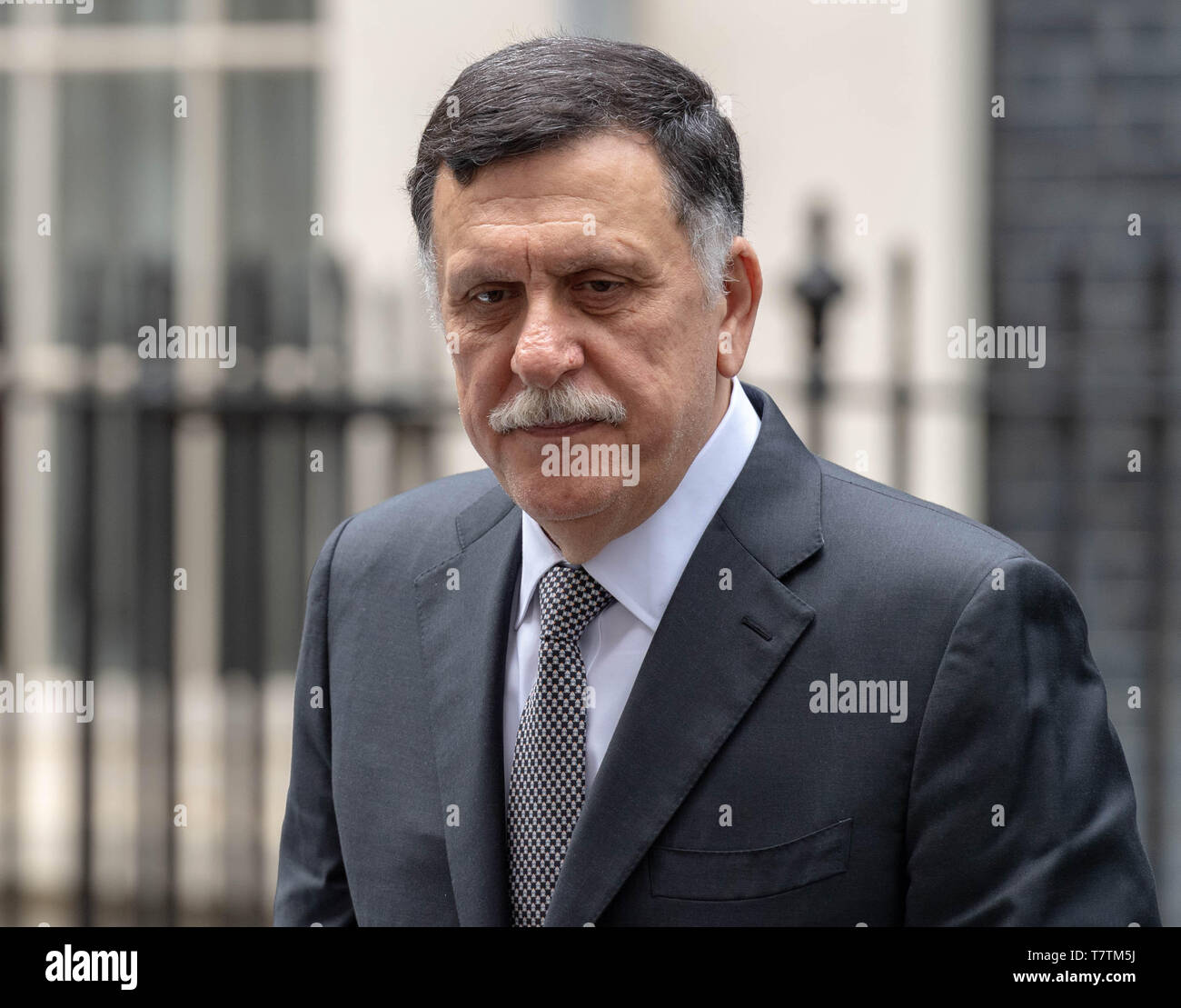 London, UK. 9th May 2019. The Prime Minister of  Libya  Fayez Mustafa al-Sarraj  leaves a meeting with Theresa May MP PC,  Prime Minister  at 10 Downing Street, where it is reported that the Theresa May MP PC, Prime Minister expressed her concern about the current conflict in Libya Credit Ian Davidson/Alamy Live News Stock Photo