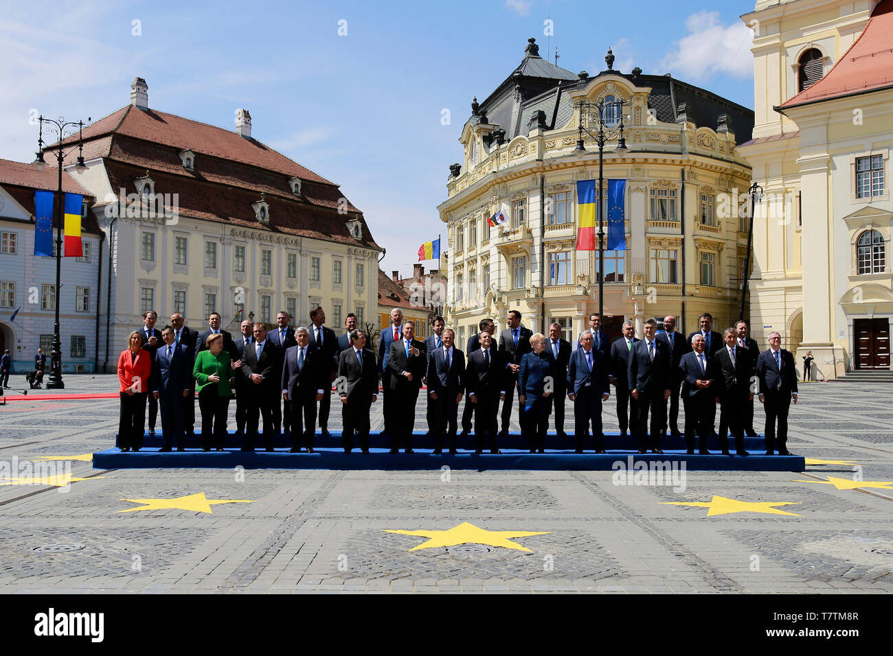 Sibiu, Romania. 9th May, 2019. Leaders pose for group photos during an European Union (EU) informal summit in Sibiu, Romania, on May 9, 2019. The leaders of the EU member states on Thursday agreed on defending 'one Europe' and upholding the rules-based international order in their '10 commitments' declaration, made at an informal summit in Sibiu, central Romania. Credit: Cristian Cristel/Xinhua/Alamy Live News Stock Photo